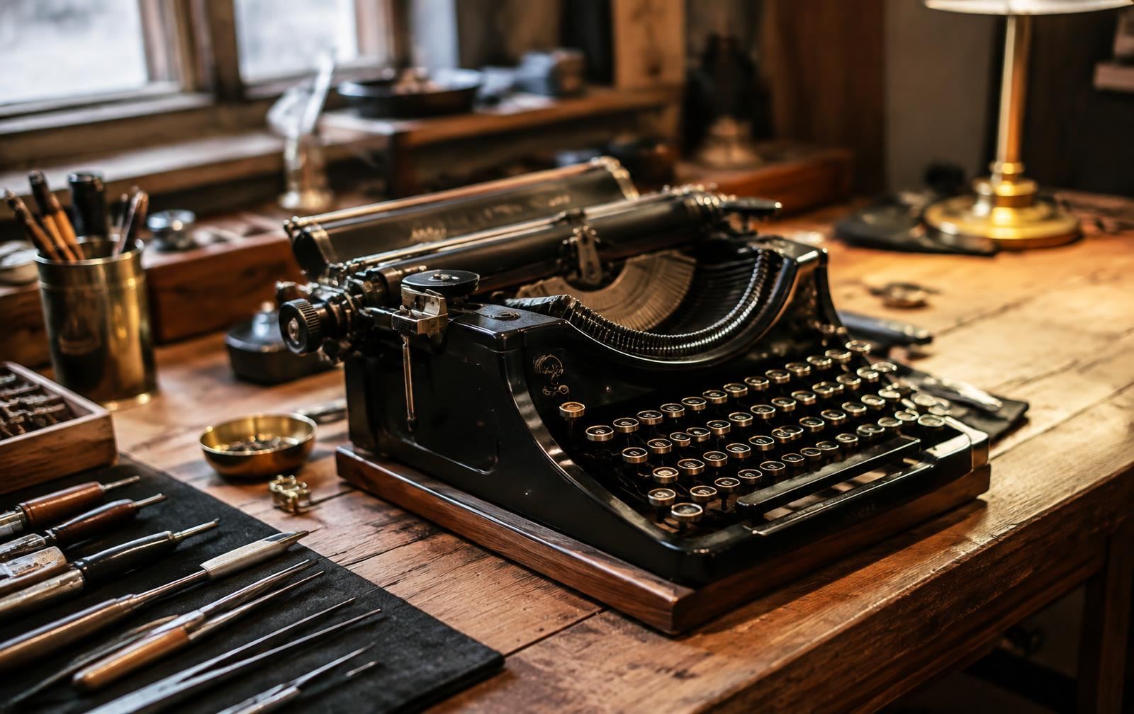Vintage manual typewriter on a workbench at the Garrickaro Co. repair shop in Arvada