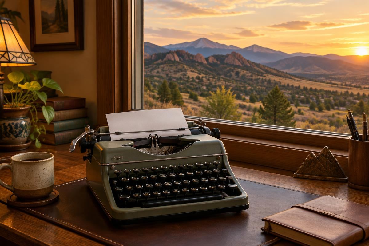 Restored typewriter with Colorado foothills in the background