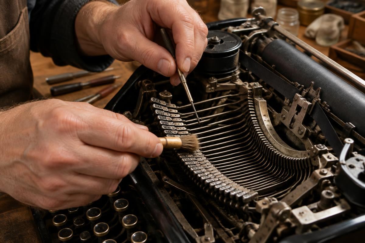 Technician cleaning and adjusting typebars on a vintage typewriter
